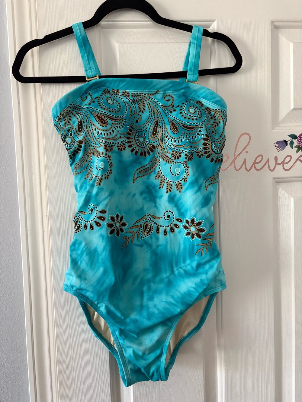 Amoeba Turquoise One-Piece Swimsuit with Gold Paisley Accents Size 10